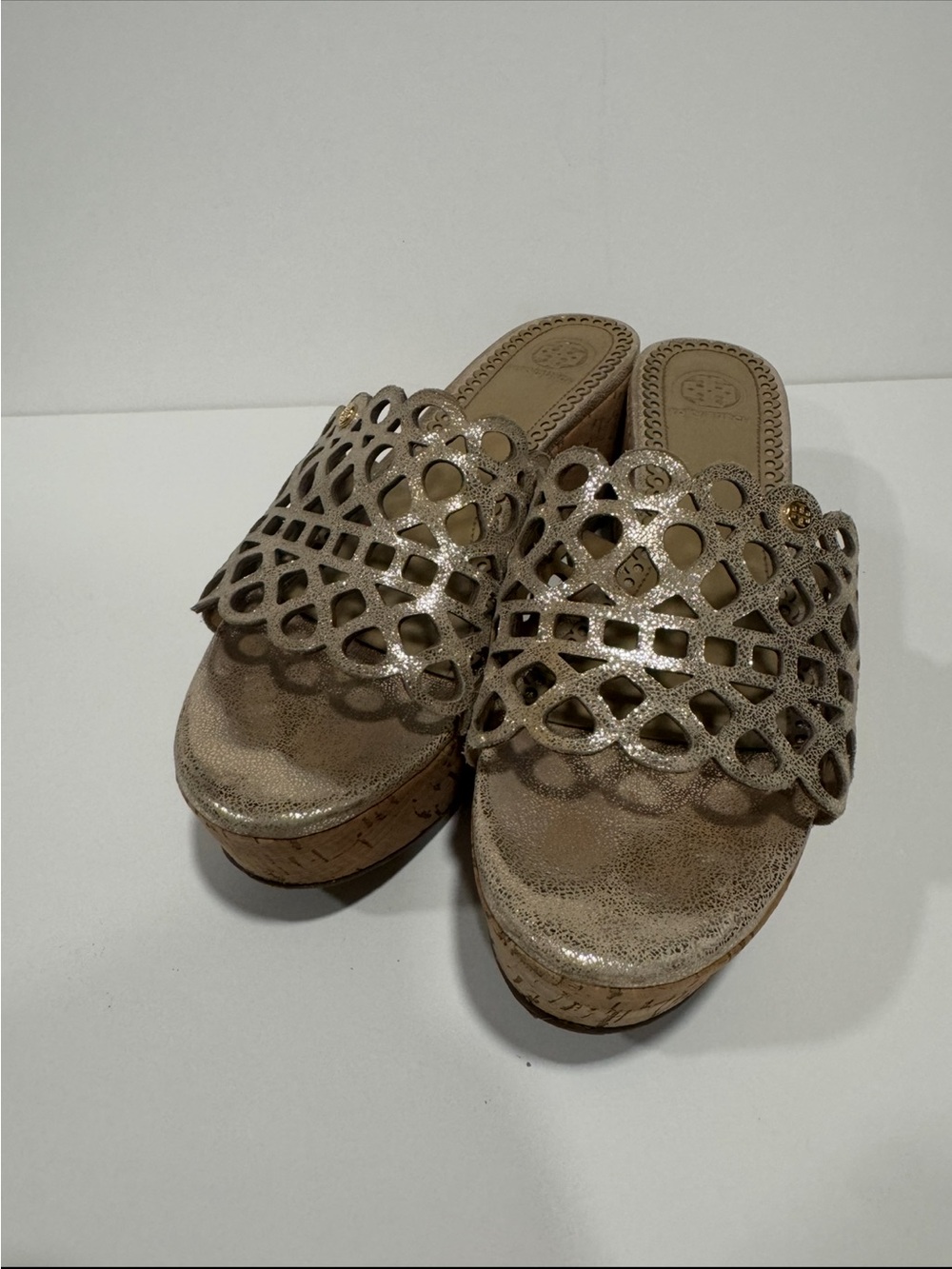 Tory Burch Gold Metallic Laser Cut Cork Wedge Slide Sandals Size 8.5
